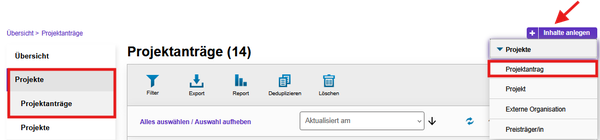 AAA Projektanträge anlegen Auf dem Screenshot wird gezeigt wie neue Projektanträge angelegt werden können.
