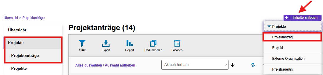 AAA Projektanträge anlegen