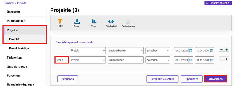 Projekte filtern lassen 2
