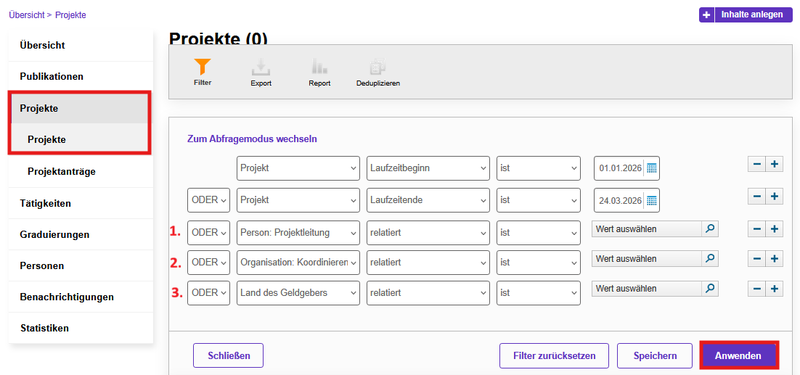 Projekte filtern lassen 3