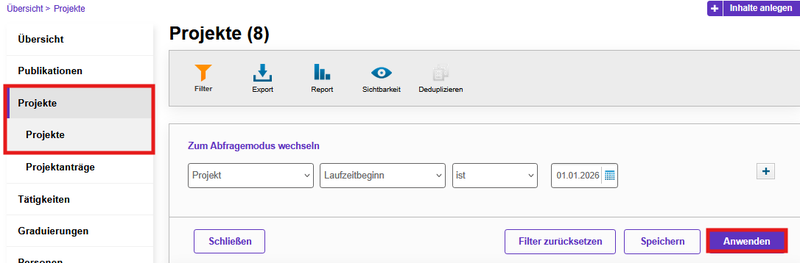 Projekte filtern lassen