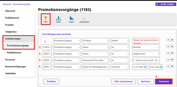 Screenshot Filteroptionen der Promotionsvorgänge 