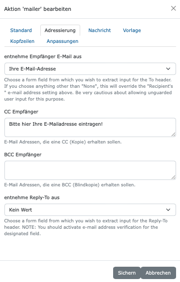 EasyForm Aktion Mailer bearbeiten Adressierung.png Adressierungsreiter