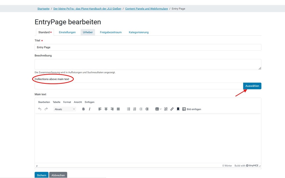 Collections above main text Zeigt das Einfügen von Collections above main text