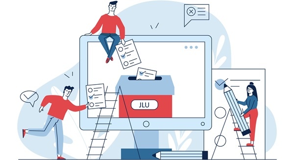 Schmuckgrafik: Zeichnung von Personen, die an einem übergroßen Computer an der Online-Wahl teilnehmen