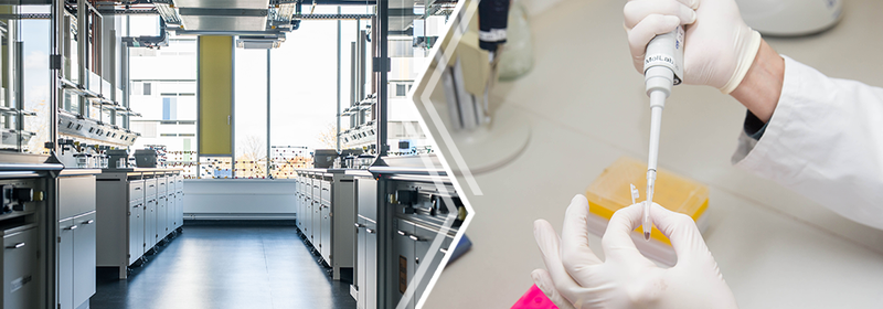 Slider: zweigeteilter Slider der Räumlichkeiten der Chemie und einen Versuch zeigt