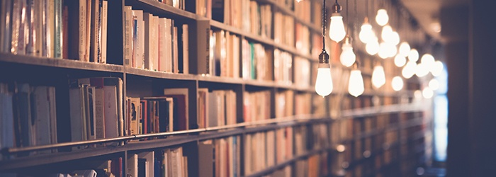Bild: Bücherregal mit Lampen // Bookshelf with lamps hanging in front of it