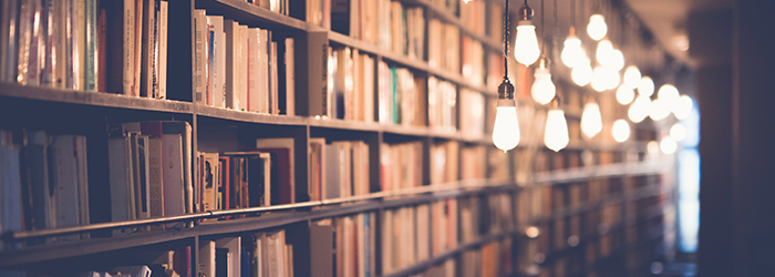 Bild: Bücherregal mit Lampen // Bookshelf with lamps hanging in front of it