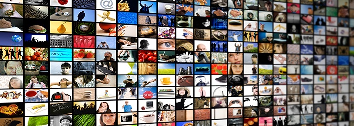 Bild: Bild zusammengesetzt aus vielen kleinen Bildschirmen mit unterschiedlichen Inhalten // Photo: Image composed of many small screens with different contents