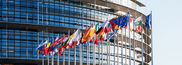 Bild: Wehende Flaggen vor dem EU-Parlament in Straßburg // Photo: Waving flags in front of EU Parliament in Strasbourg