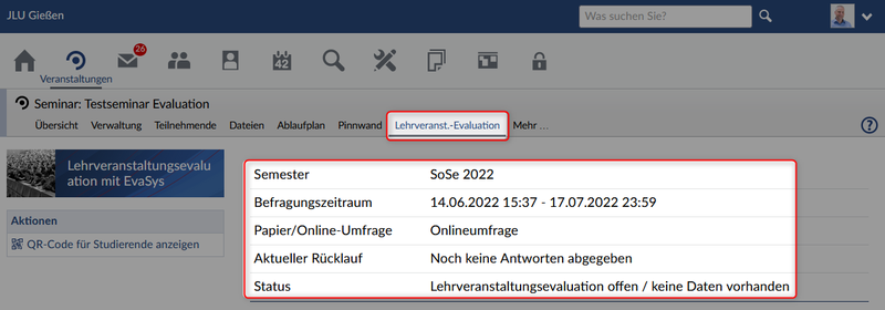 Bild Status der Lehrveranstaltungsevaluation mit EvaSys in Stud.IP