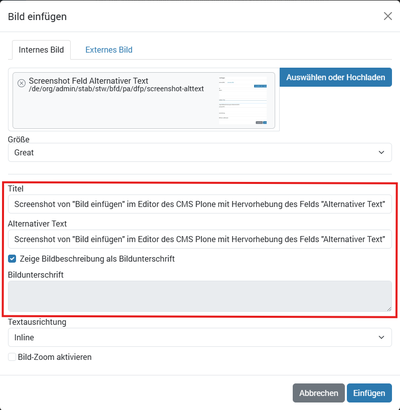Screenshot: Umsetzung des Alternativen Texts in Plone 