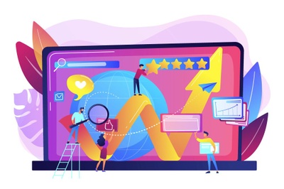 Schmuckgrafik: Zeichnung von Personen, die Bewertungen an einem riesigen Laptop-Bildschirm bearbeiten