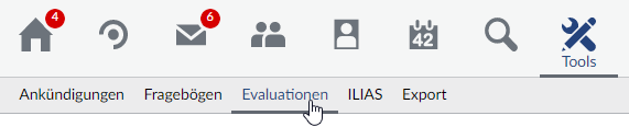 Die Kategorie "Tools" mit der Unterkategorie "Evaluationen" in Stud.IP aufrufen Die Kategorie "Tools" mit der Unterkategorie "Evaluationen" in Stud.IP aufrufen