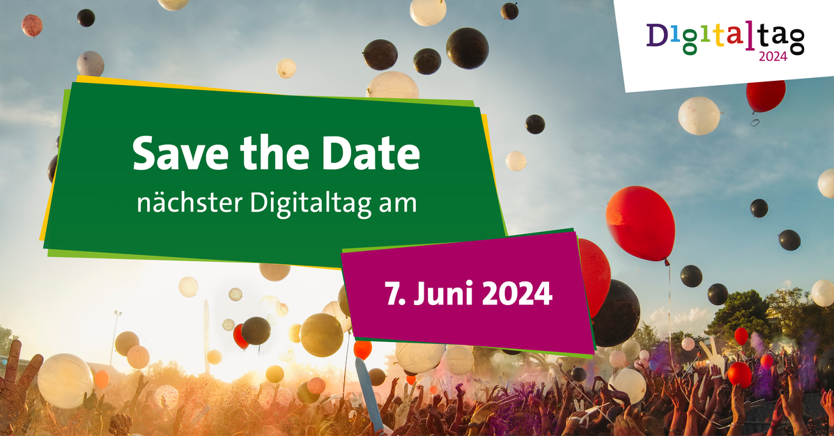 Am 07. Juni findet der 5. bundesweite Digitaltag statt. Im Hintergrund steigen Luftballons über einen feiernden Menge auf.