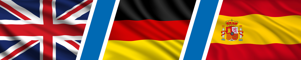 GB-DE-ES.png Flaggen von Großbritannien, Deutschland und Spanien