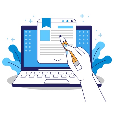 Elektronische Signatur Illustration eines Laptops mit geöffnetem Dokument auf dem Bildschirm und einer Hand, die mit einem Bleistift darauf schreibt – symbolisiert elektronische Unterschrift.