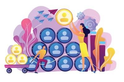 Schmuckgrafik: Zeichnung von zwei Personen bei der Auswahl eines neuen Teammitglieds, umgeben von Benutzer-Icons und Symbolen für Zusammenarbeit