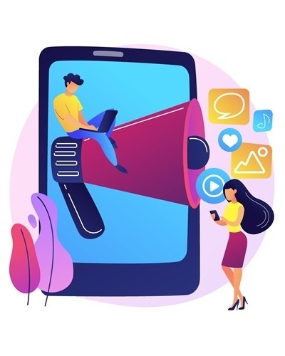Schmuckgrafik: Zeichnung mit einem Megafon, das aus einem Mobiltelefon herausragt