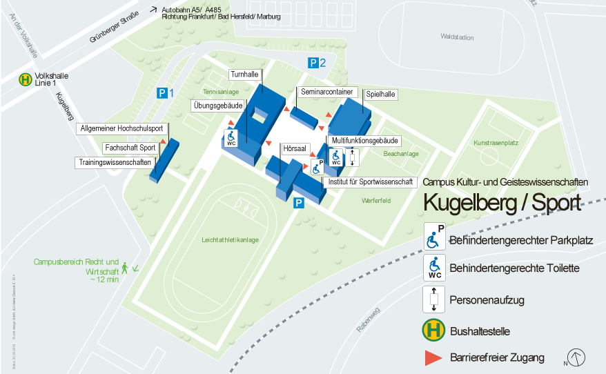 Lageplan des Campus Sportwissenschaften mit Einrichtungen zur Barrierefreiheit. Die wesentlichen Informationen finden Sie weiter unten in Textform.