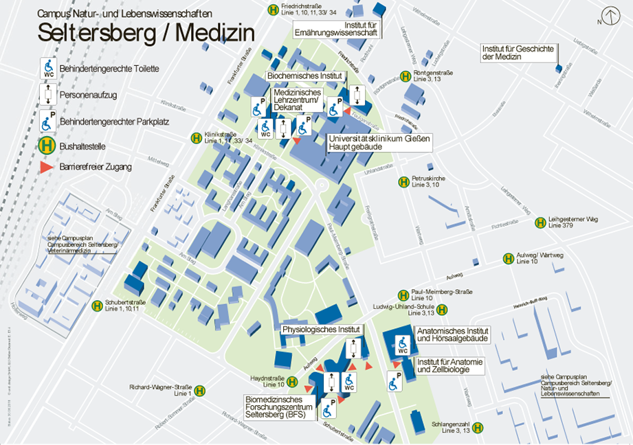 Lageplan des Campus Seltersberg/Medizin mit Einrichtungen zur Barrierefreiheit. Die wesentlichen Informationen finden Sie weiter unten in Textform.