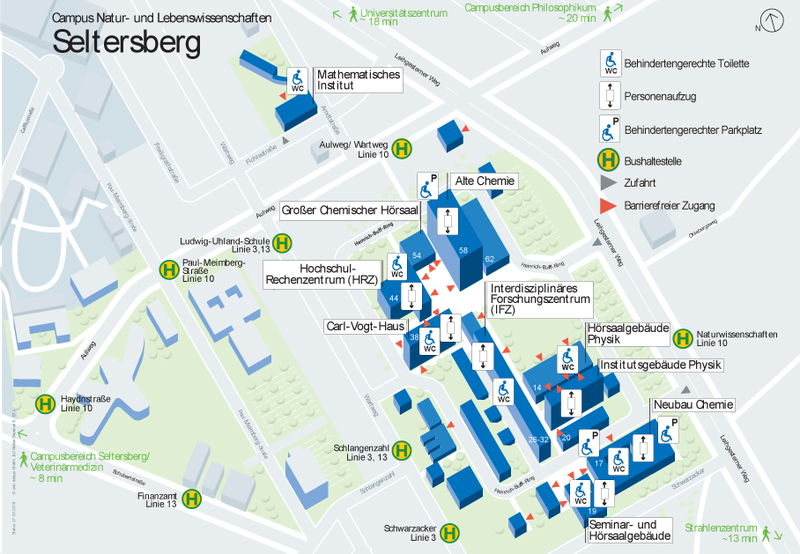 Lageplan des Campus Seltersberg/Naturwissenschaften mit Einrichtungen zur Barrierefreiheit. Die wesentlichen Informationen finden Sie weiter unten in Textform.