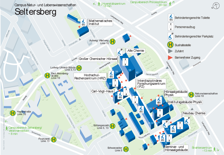 Lageplan des Campus Seltersberg/Naturwissenschaften mit Einrichtungen zur Barrierefreiheit. Die wesentlichen Informationen finden Sie weiter unten in Textform.
