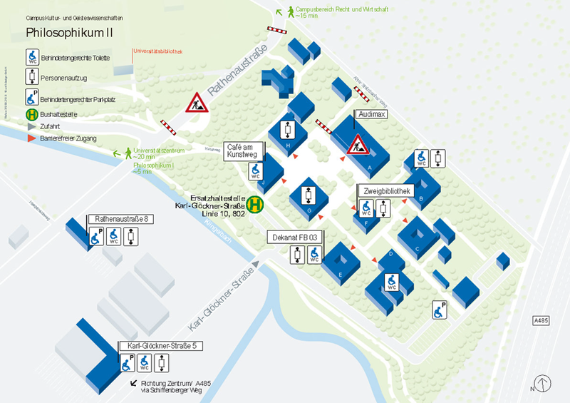 Lageplan des Campus Philosophikum II mit Einrichtungen zur Barrierefreiheit. Die wesentlichen Informationen finden Sie weiter unten in Textform.