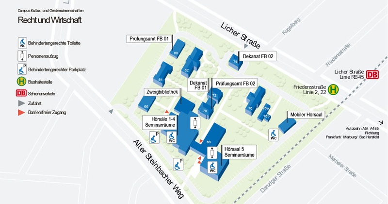 Lageplan des Campus Recht und Wirtschaft mit Einrichtungen zur Barrierefreiheit. Die wesentlichen Informationen finden Sie weiter unten in Textform.
