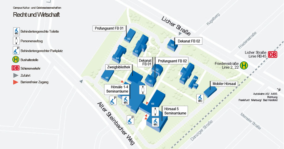 Lageplan des Campus Recht und Wirtschaft mit Einrichtungen zur Barrierefreiheit. Die wesentlichen Informationen finden Sie weiter unten in Textform.