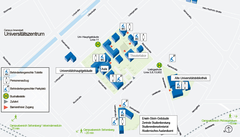 Lageplan des Campus Universitätszentrum mit Einrichtungen zur Barrierefreiheit. Die wesentlichen Informationen finden Sie weiter unten in Textform.