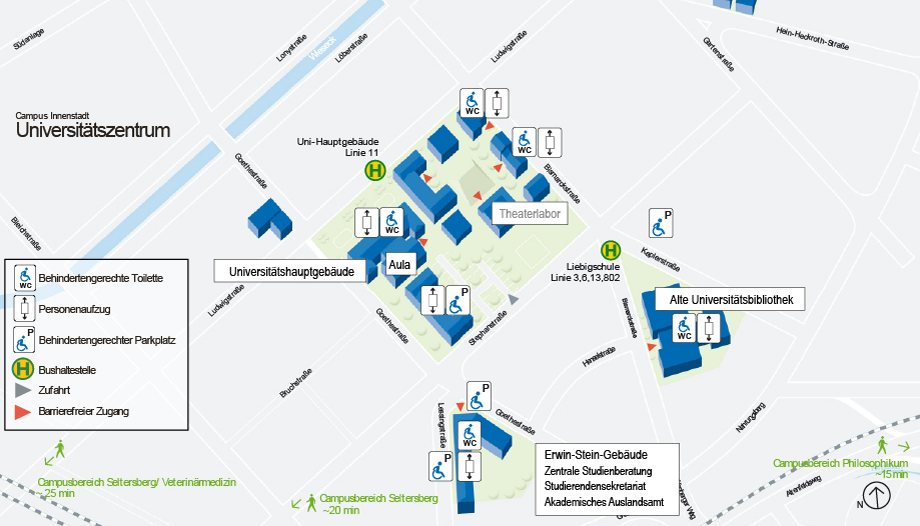 Lageplan des Campus Universitätszentrum mit Einrichtungen zur Barrierefreiheit. Die wesentlichen Informationen finden Sie weiter unten in Textform.