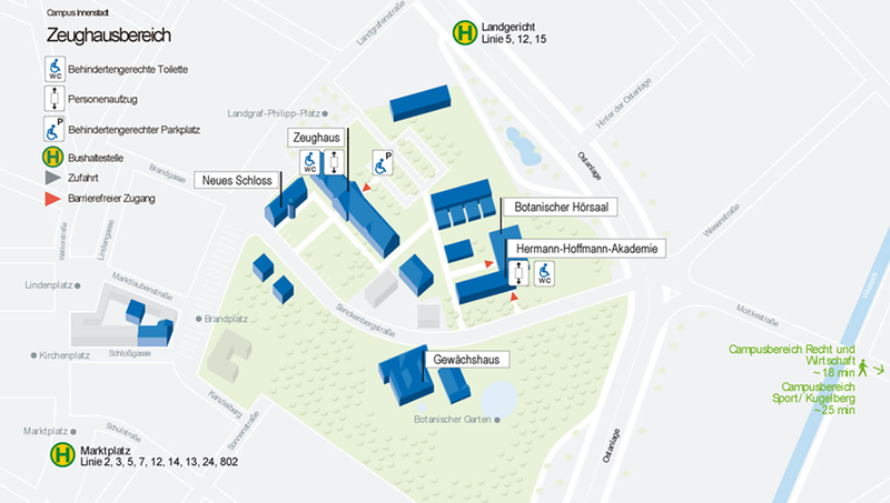 Lageplan des Campus Zeughaus mit Einrichtungen zur Barrierefreiheit. Die wesentlichen Informationen finden Sie weiter unten in Textform.