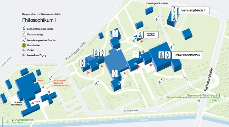 Lageplan des Campus Philosophikum 1 mit Einrichtungen zur Barrierefreiheit. Die wesentlichen Informationen finden Sie weiter unten in Textform.
