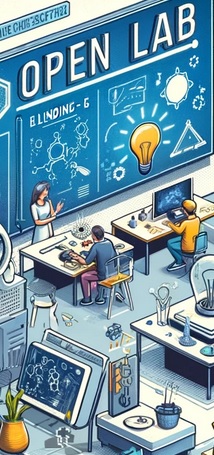 Farbiges Labor mit der Aufschrift „OPEN LAB“. Personen arbeiten an Tischen mit Computern und Laborgeräten. Wissenschaftliche Symbole, wie Moleküle und eine Glühbirne sind im Hintergrund abgebildet.