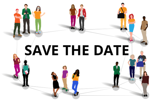 Illustration von mehreren Personen auf einer weißen Fläche. Die Personen sind miteinander durch dünne Linien verbunden. Die abgebildeten Personen sind divers dargestellt, darunter auch eine Person im Rollstuhl und Personen mit verschiedenen Hautfarben. In der Mitte des Bildes befindet sich der Text „SAVE THE DATE“. ...