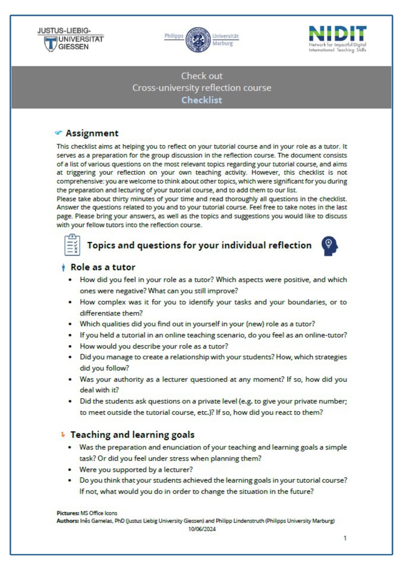 Checklist Cross-university reflection course