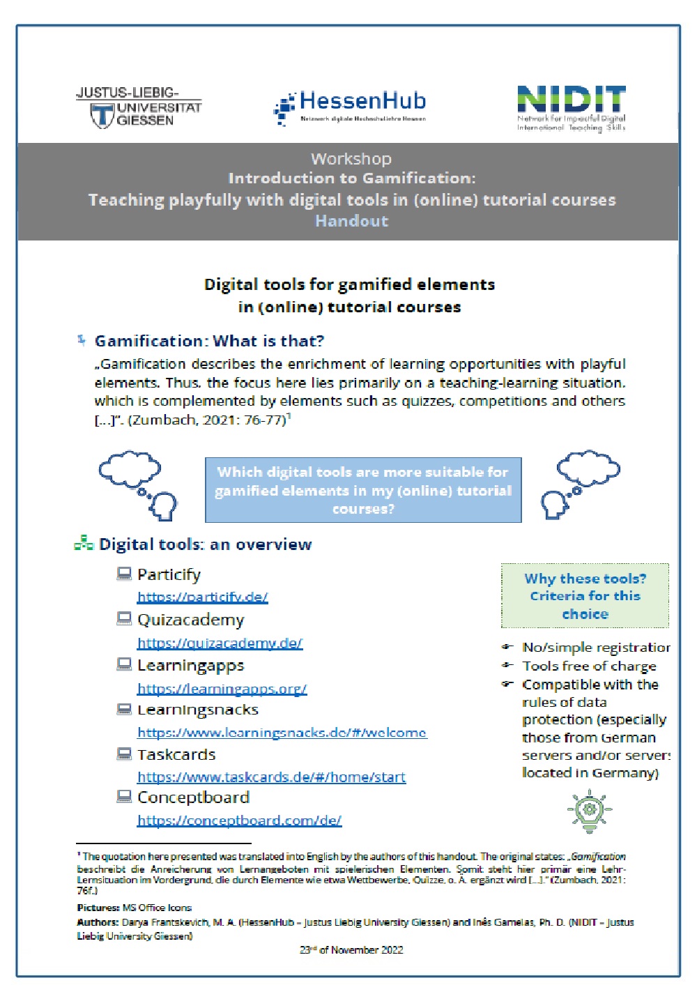 Handout Einführung in Gamification auf Englisch
