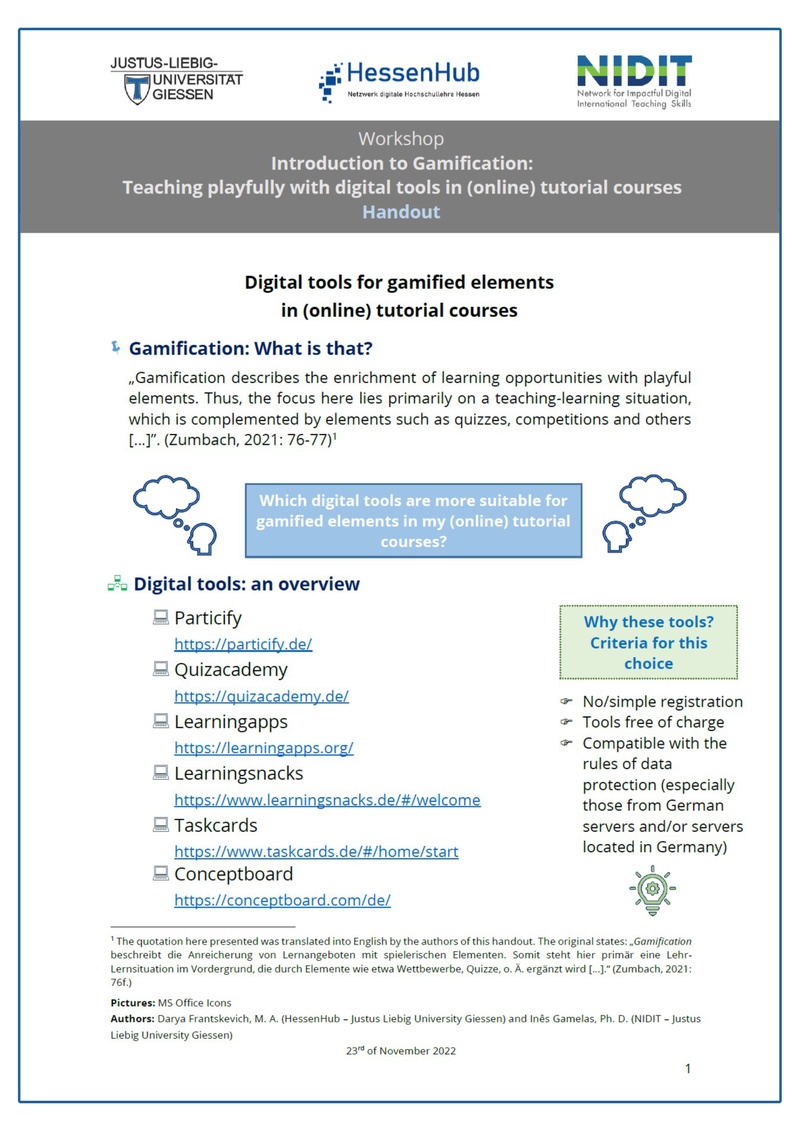 Handout Einführung in Gamification auf Englisch