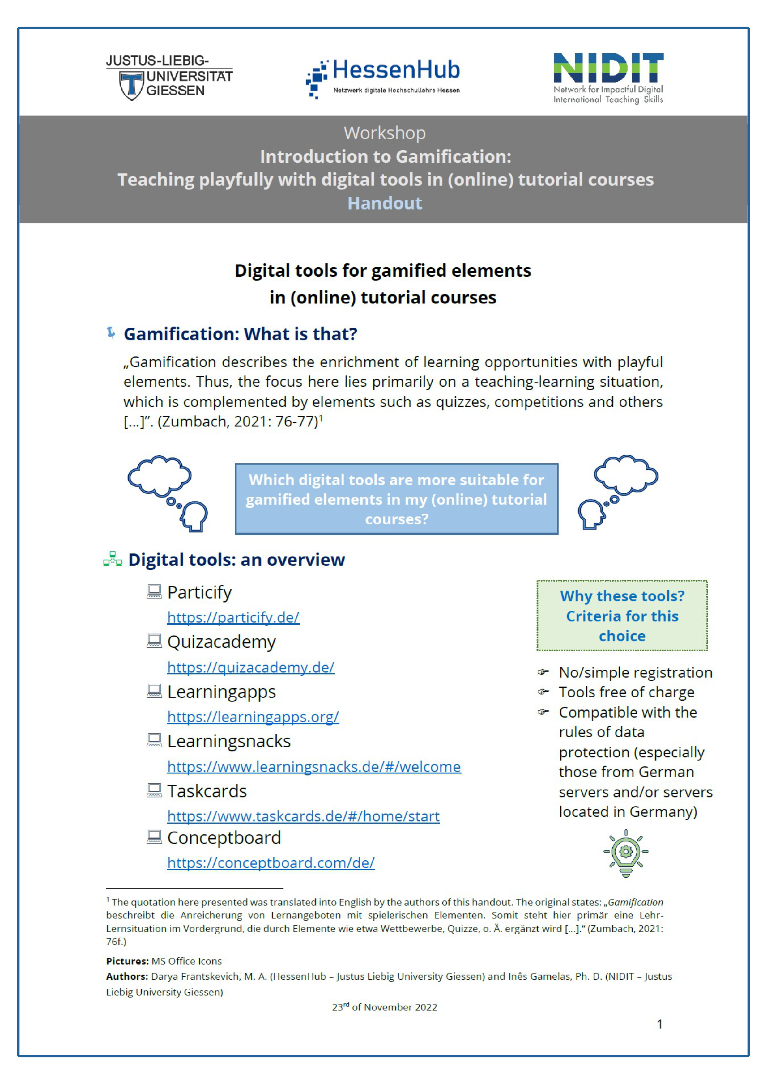Handout Einführung in Gamification auf Englisch