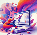 Farbenfrohe Illustration mit einer Person, die auf einem Sitzsack sitzt und einen Laptop hält. Vor der Person steht ein großer Bildschirm, auf dem ein anderer Mensch in einer Präsentation oder Interaktion dargestellt ist. Im Vordergrund liegt ein offenes Buch, umgeben von abstrakten Formen in kräftigen Farben.