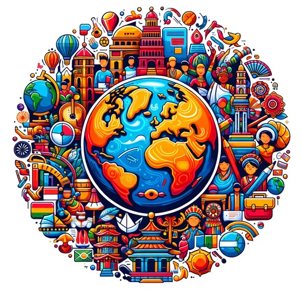 Colourful illustration: Planet Earth in the centre, surrounded by cultural, educational and natural symbols, people in various traditional costumes, vehicles, instruments; lively and rich in detail.