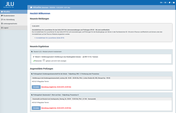 Screenshot der Flexnow-Studierendenansicht