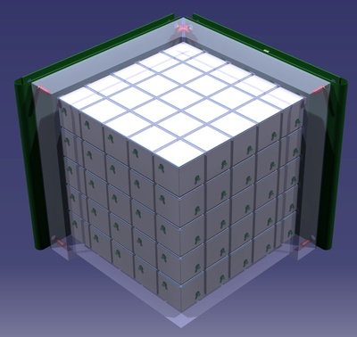 Designkonzept des RUBIK-Teilchendetektors. In weiß hervorgehoben sind die regelmäßig angeordneten Plastikszintillatoren, die von Lichtleitfasern (grün) durchdrungen sind. Grafik: II. Physikalisches Institut der JLU