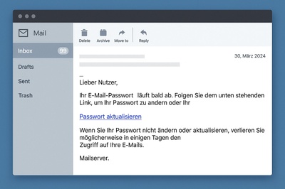 Screenshot einer Beispielmail mit dem Text: Lieber Nutzer, Ihr E-Mail-Passwort läuft bald ab. Folgne Sie dem unten stehenden Link, um Ihr Passwort zu andern oder Ihr "Passwort aktualisieren" (Link). Wenn Sie Ihr Passwort nicht ändern oder aktualisieren, verlieren Sie möglicherweise in einigen Tagen den Zugriff auf Ihre E-Mails. Mailserver.