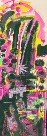 Marlene Hick: Die Frage nach dem Sinn ist elementar (Gouache, Ölpastell, Acryl, Buntstift auf Papier, 127 x 47cm, 2023). Foto: Marlene Hick