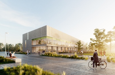 So könnte die neue Zentralmensa Rathenaustraße einmal aussehen: Visualisierung des Entwurfs des Berliner Büros Baumschlager Eberle Architekten, der mit dem ersten Preis im Architektenwettbewerb ausgezeichnet wurde. Grafik: Baumschlager Eberle Architekten