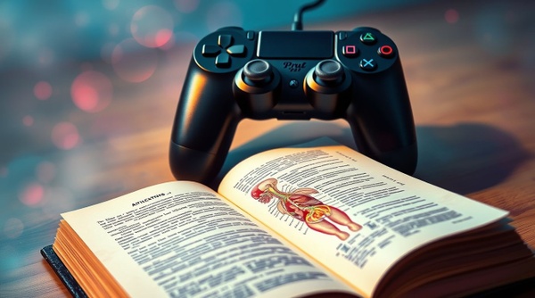Ein schwarzer Gaming-Controller liegt auf einem Holztisch hinter einem aufgeschlagenen Buch. Das Buch zeigt eine anatomische Illustration eines menschlichen Nervensystems mit Beschriftungen. Der Hintergrund ist verschwommen mit bunten Lichtreflexen.  A black gaming controller rests on a wooden table behind an open book. The book displays an anatomical illustration of the human nervous system with labeled text. The background is blurred with colorful light reflections.