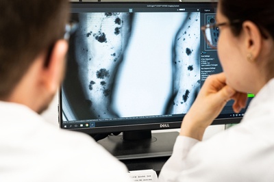 Two researchers in white lab coats are looking at a screen (in the center of the image) displaying tissue images. 