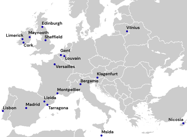 Standorte_Erasmus World map with markers for ERASMUS+ partners of JLU